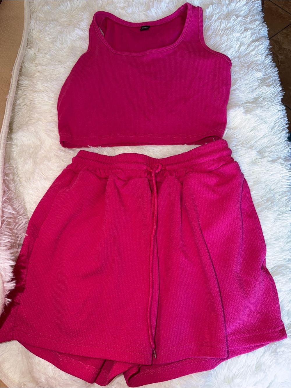 SHEIN Hot Pink Ribbed Crop Tank & Drawstring Athletic Shorts Set